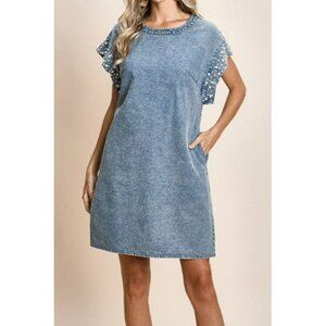 LALA Factory Ladies Denim Dress with Pearl and Stud details Size Large